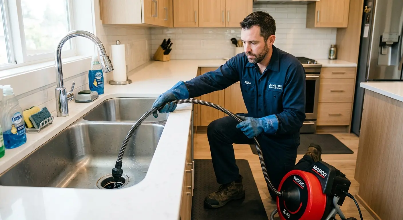 Drain cleaning technician using a motorized snake on a kitchen sink in Earlimart