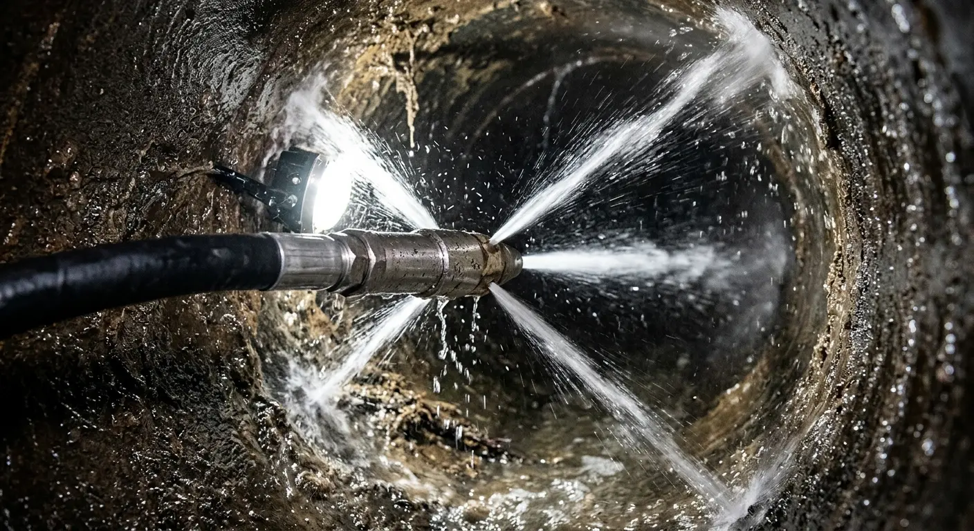 High-pressure hydro jetting nozzle cleaning sewer pipe for Sewer Cleanout in Earlimart