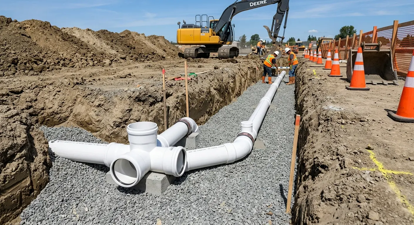 New PVC sewer pipe installation in open trench for Sewer Backup in Earlimart