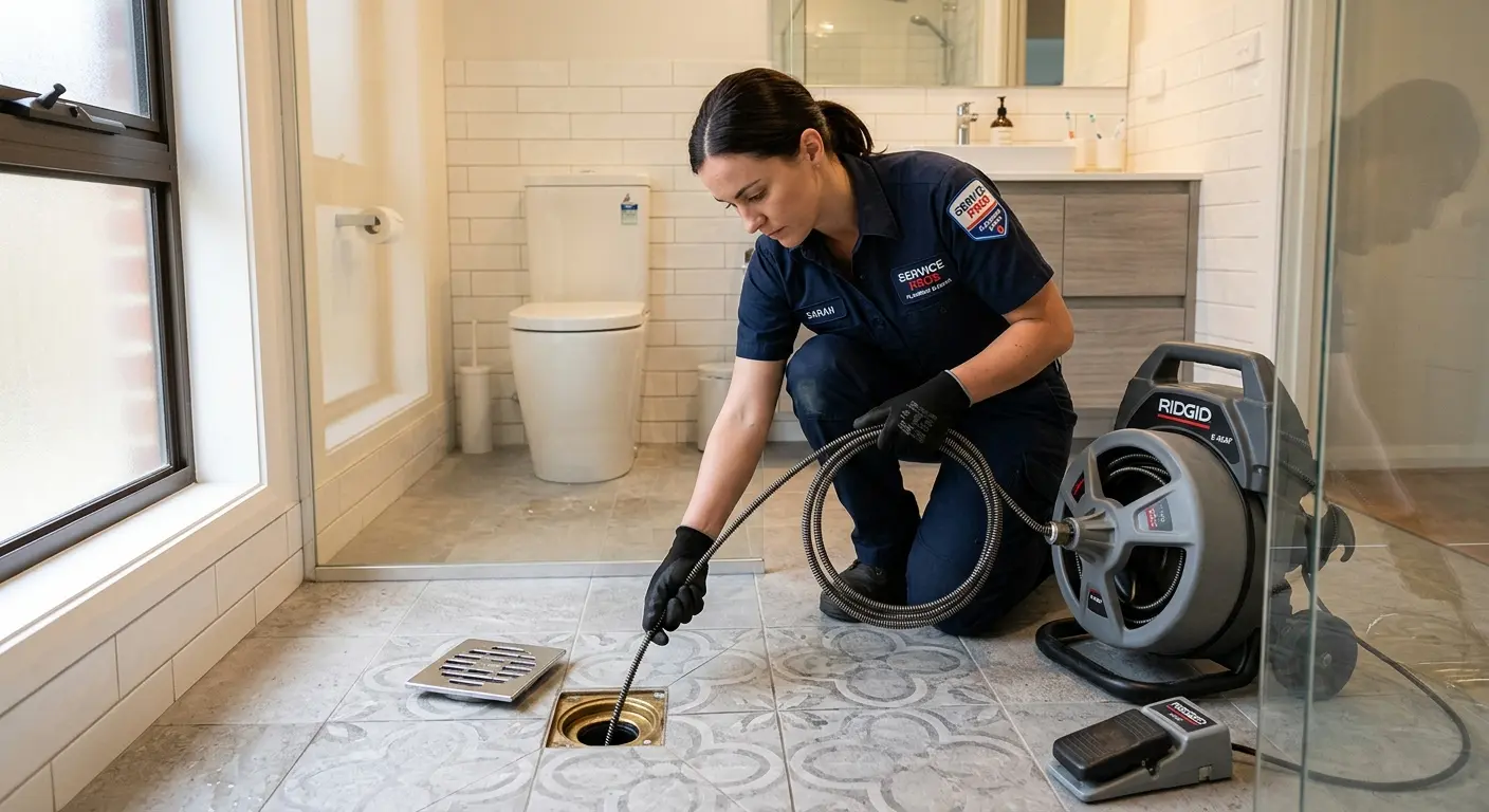 Technician clearing a bathroom floor drain for Sewer Line Replacement in Earlimart